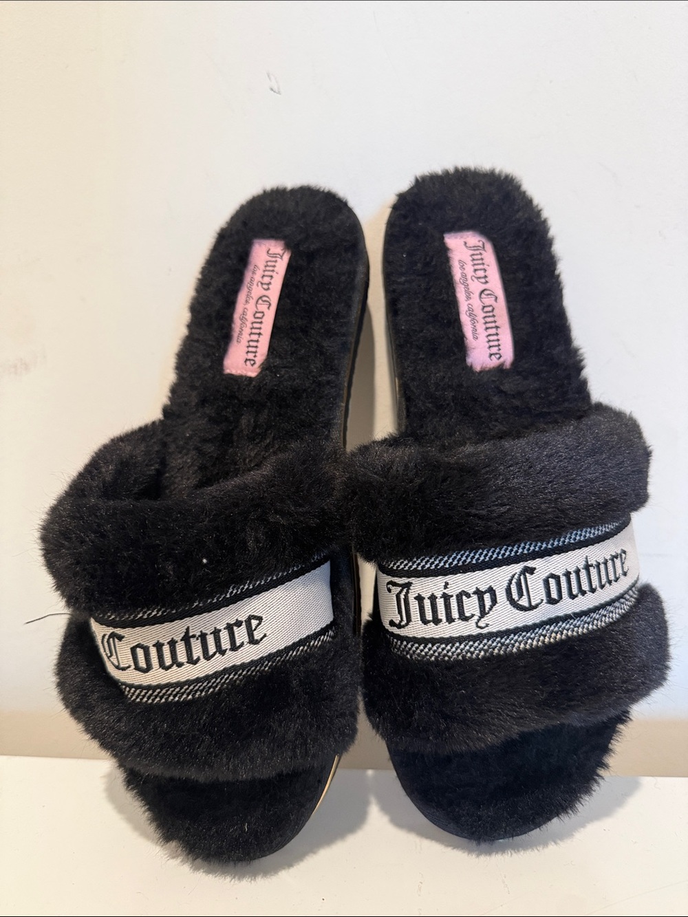 Juicy Couture Black Faux-Fur Logo Slide Slippers